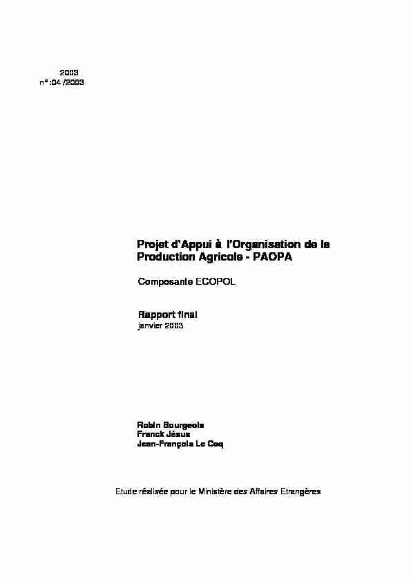 [PDF] Projet dAppui à lOrganisation de la Production  - Agritrop - Cirad
