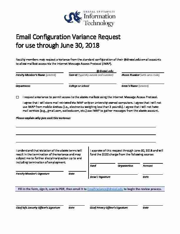 Email Configuration Variance Request for use through June 30 2018