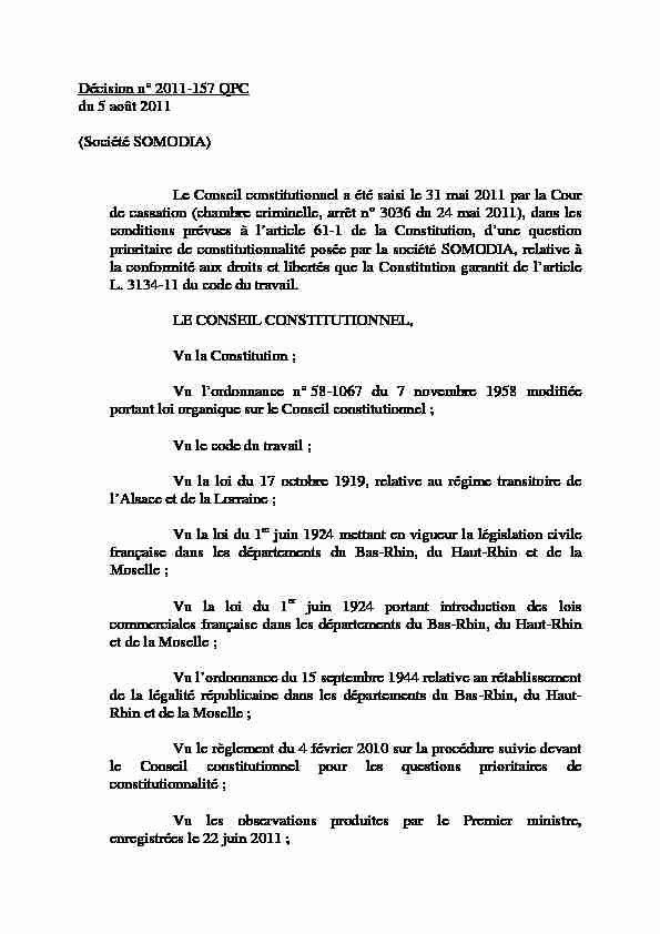 Décision n° 2011-157 QPC du 5 août 2011 - Conseil constitutionnel