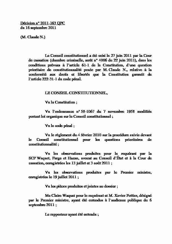 Décision n° 2011-163 QPC du 16 septembre 2011 - M. Claude N