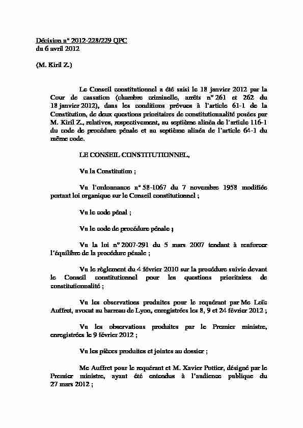 Décision n° 2012-228/229 QPC du 6 avril 2012 - M. Kiril Z