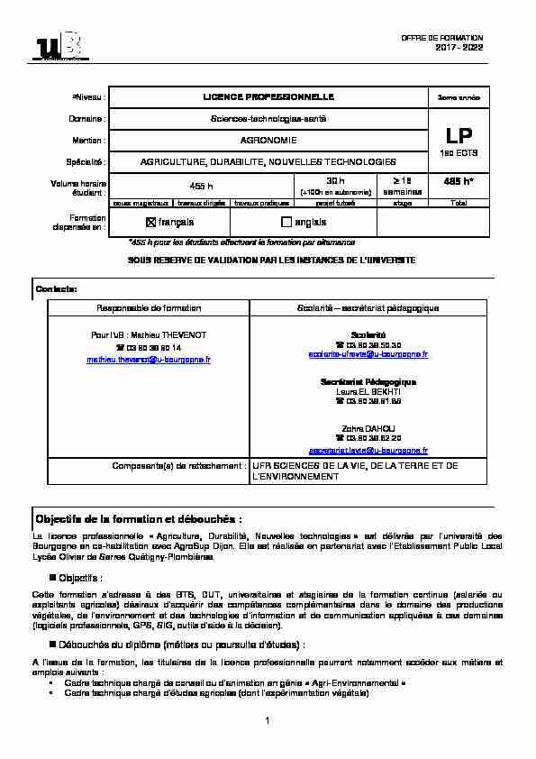 [PDF] Objectifs de la formation et débouchés : - Université de Bourgogne