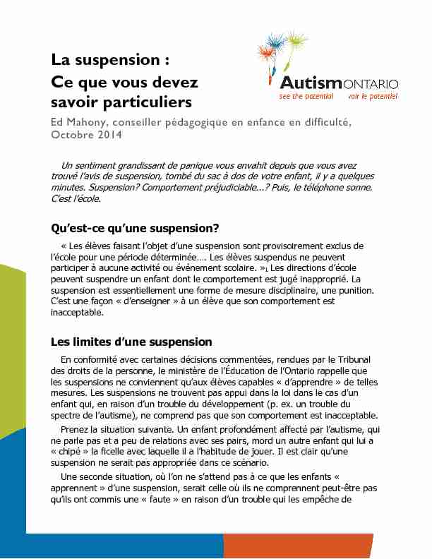 [PDF] La suspension : Ce que vous devez savoir particuliers - Autism Ontario