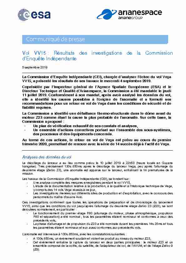 Vol VV15 : Résultats des investigations de la Commission dEnquête