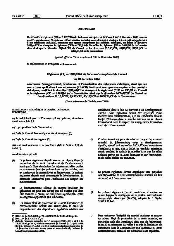 Règlement (CE) no 1907/2006 du Parlement européen et du