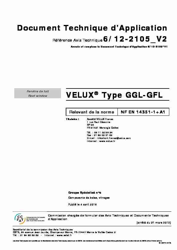 Document Technique dApplication VELUX® Type GGL-GFL