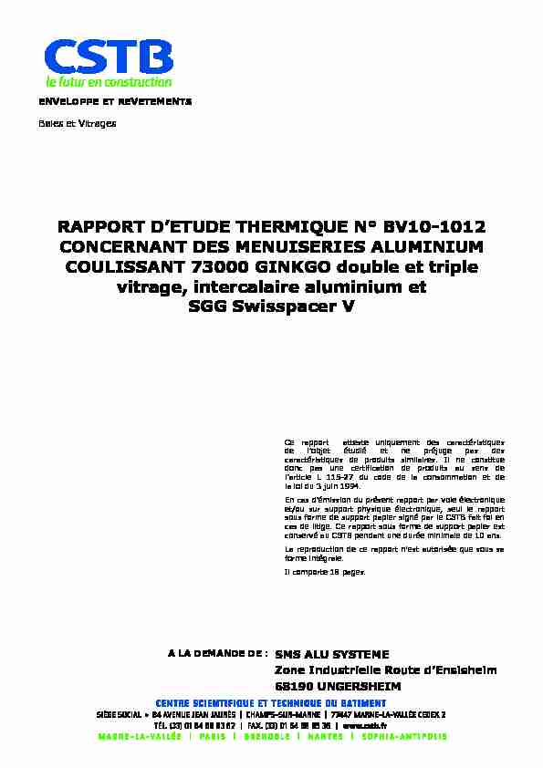 RAPPORT DETUDE THERMIQUE N° BV10-1012 CONCERNANT