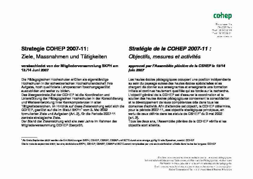 Strategie COHEP 2007-11: Ziele Massnahmen und Tätigkeiten