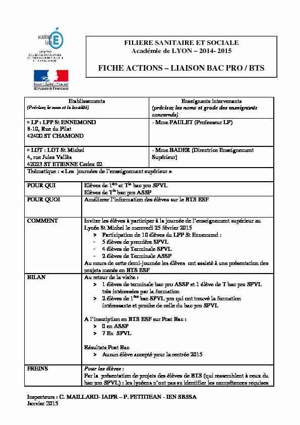 fiche actions liaison bac pro - BTS - St Ennemond - St Michel