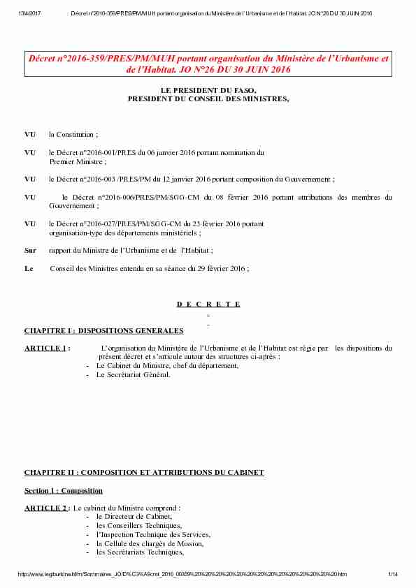 Décret n°2016359/PRES/PM/MUH portant organisation du Ministère