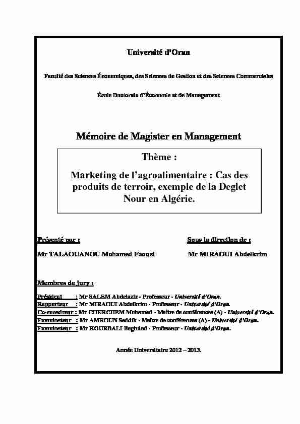 Mémoire de Magister en Management Option : Marketing Thème