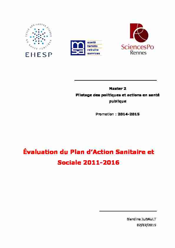 Évaluation du Plan dAction Sanitaire et Sociale 2011-2016