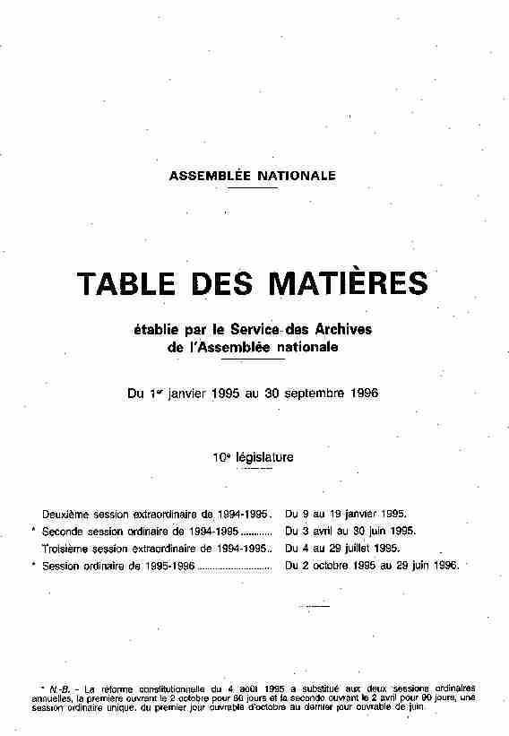 Table des Matières - Assemblée nationale - Archives
