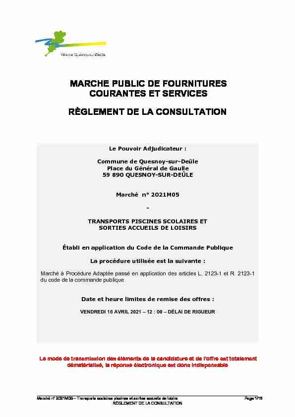 RÈGLEMENT DE LA CONSULTATION MARCHE PUBLIC DE
