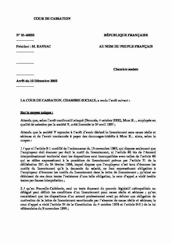 COUR DE CASSATION N° 01-40033 RÉPUBLIQUE FRANÇAISE