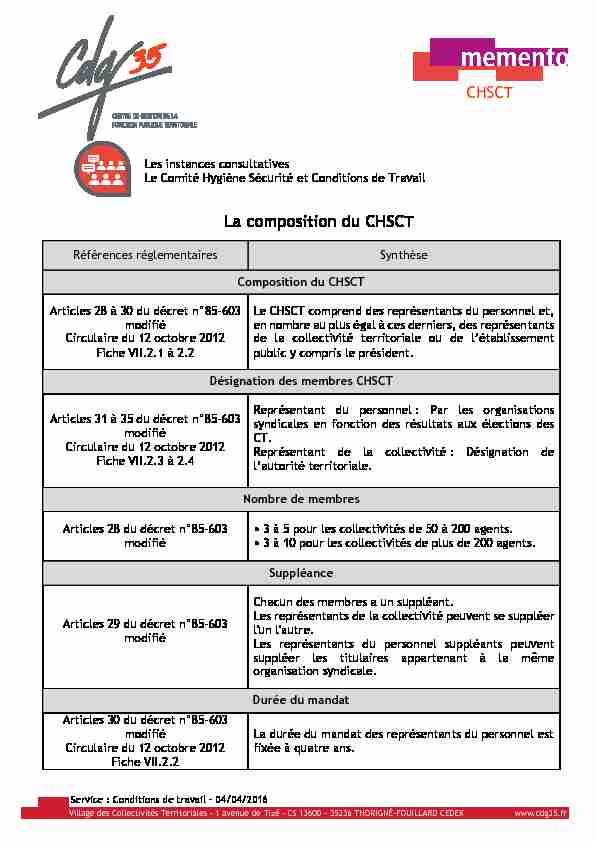 [PDF] Le Comité Hygiène Sécurité et Conditions de Travail - CDG 35