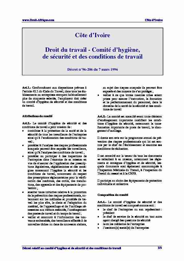 Cote dIvoire - Decret n°1996-206 du 7 mars 1996 sur le comite d