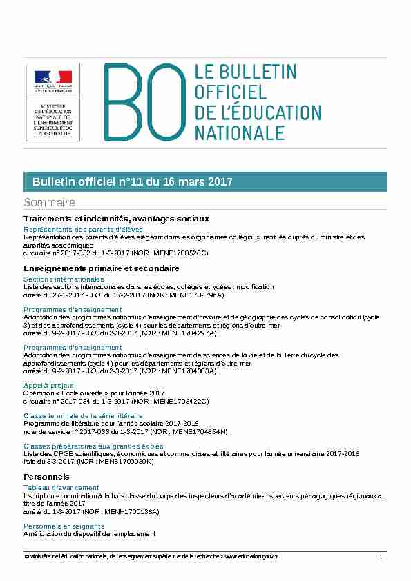 Bulletin officiel n°11 du 16 mars 2017 Sommaire