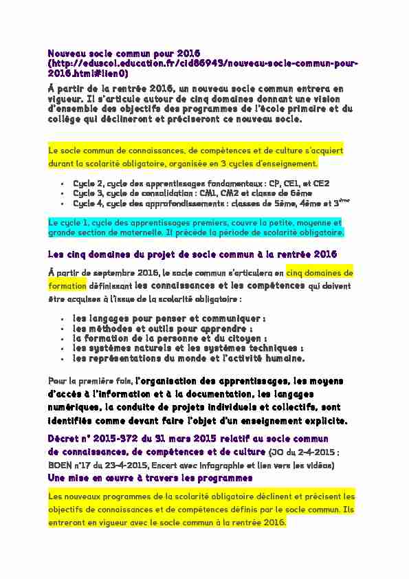 Nouveau socle commun pour 2016 (http://eduscol.education.fr