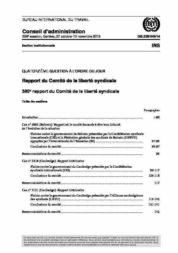 Rapport du Comité de la liberté syndicale - 380e rapport du Comité