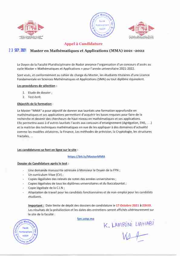 Master en Mathématiques et Applications (MMA) 2021-2022