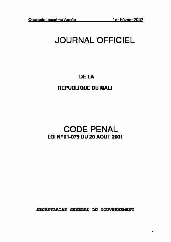 Mali - Loi n°2001-079 du 20 août 2001 portant Code penal (www