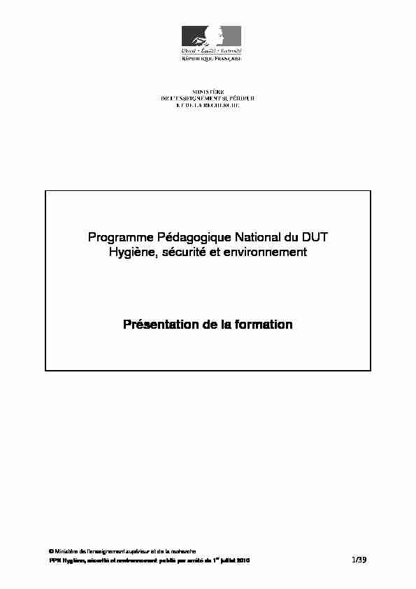 Programme Pédagogique National du DUT Hygiène sécurité et