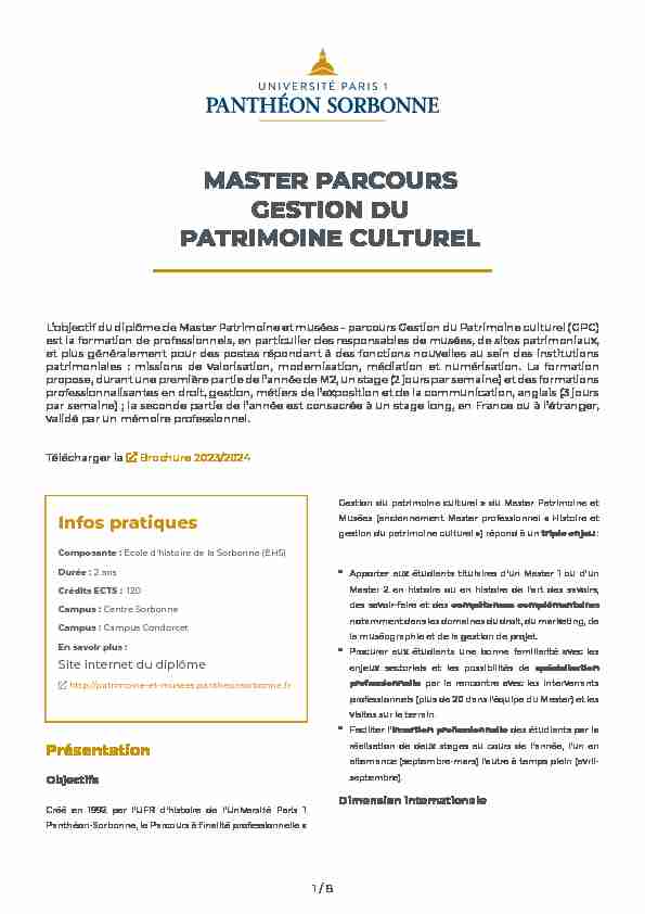 MASTER PARCOURS GESTION DU PATRIMOINE CULTUREL