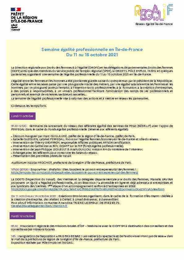 [PDF] Semaine égalité professionnelle en Île-de-France Du 11 au 15