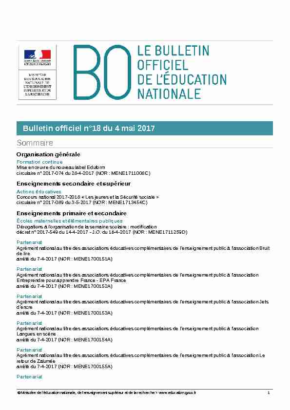 Bulletin officiel n°18 du 4 mai 2017 Sommaire