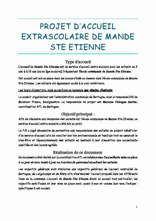 PROJET DACCUEIL EXTRASCOLAIRE DE MANDE STE ETIENNE
