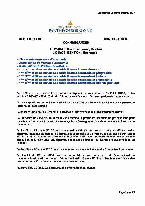 REGLEMENT DE CONTROLE DES CONNAISSANCES DOMAINE : Droit