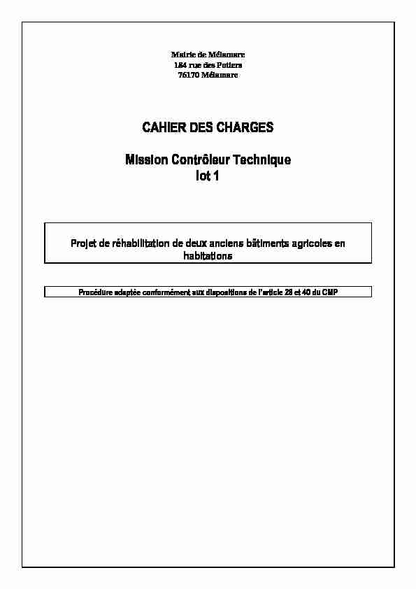 CAHIER DES CHARGES Mission Contrôleur Technique lot 1
