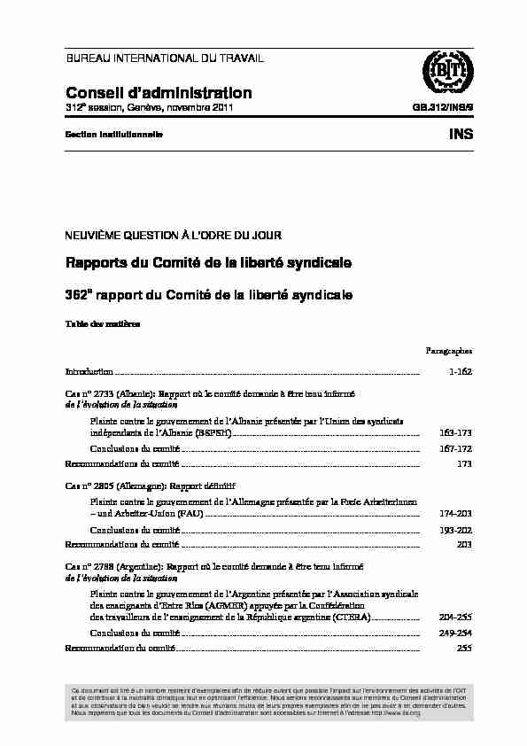 Rapports du Comité de la liberté syndicale - 362e rapport du Comité