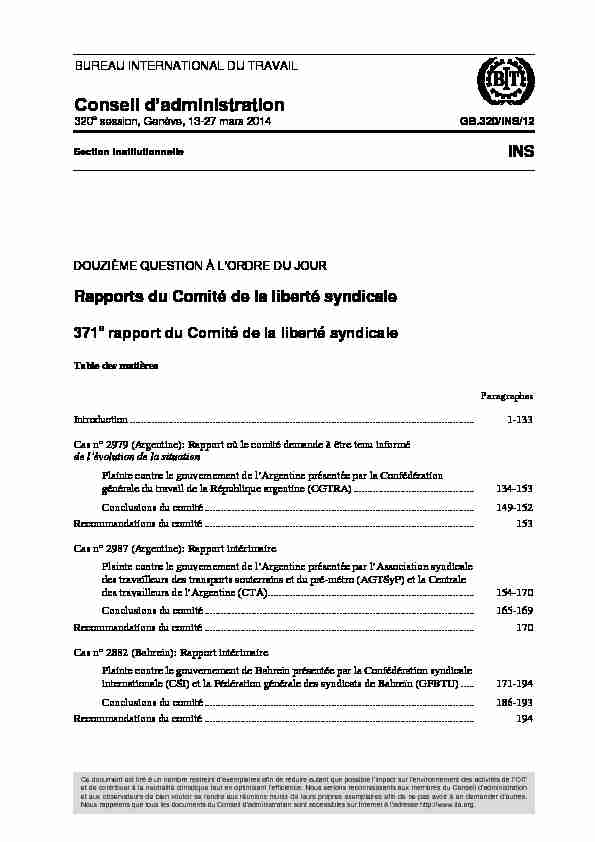 Rapports du Comité de la liberté syndicale - 371e rapport du Comité