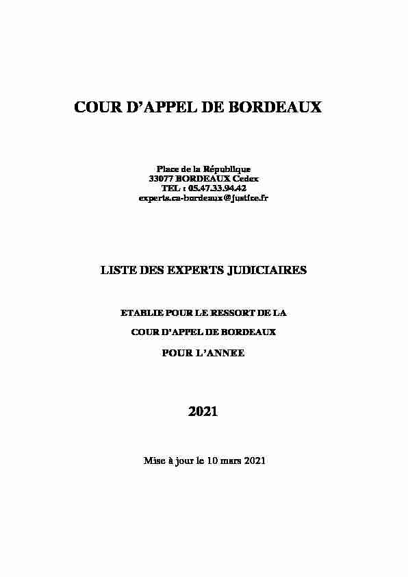 Liste des experts 2021 du ressort de la Cour dappel de Bordeaux