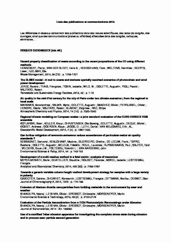 Liste des publications et communications 2015 Les références ci