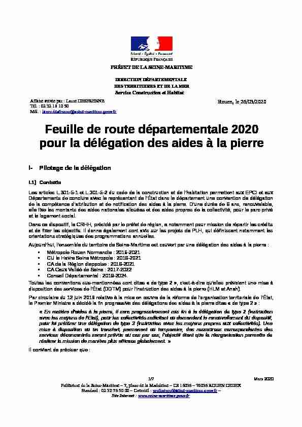 Feuille de route départementale 2020 pour la délégation des aides