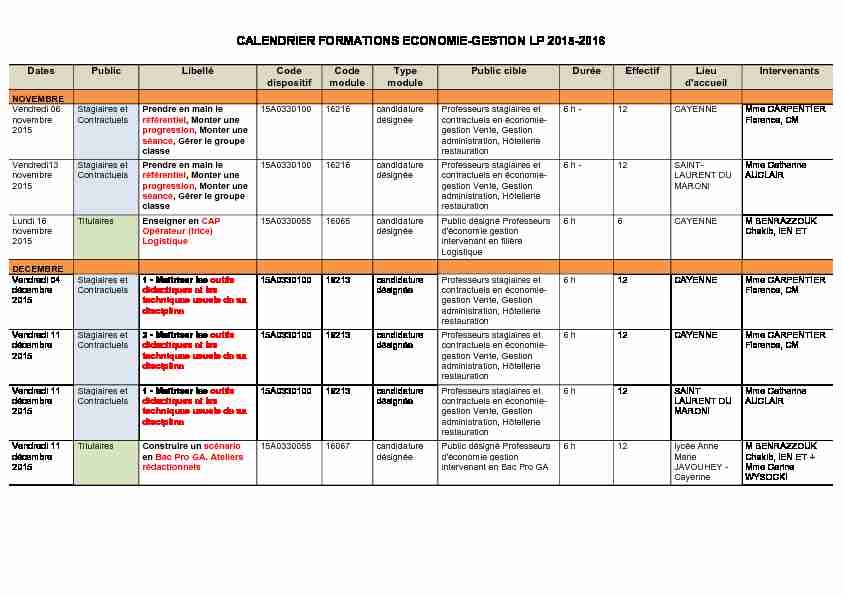 CALENDRIER FORMATIONS ECONOMIE-GESTION LP 2015-2016