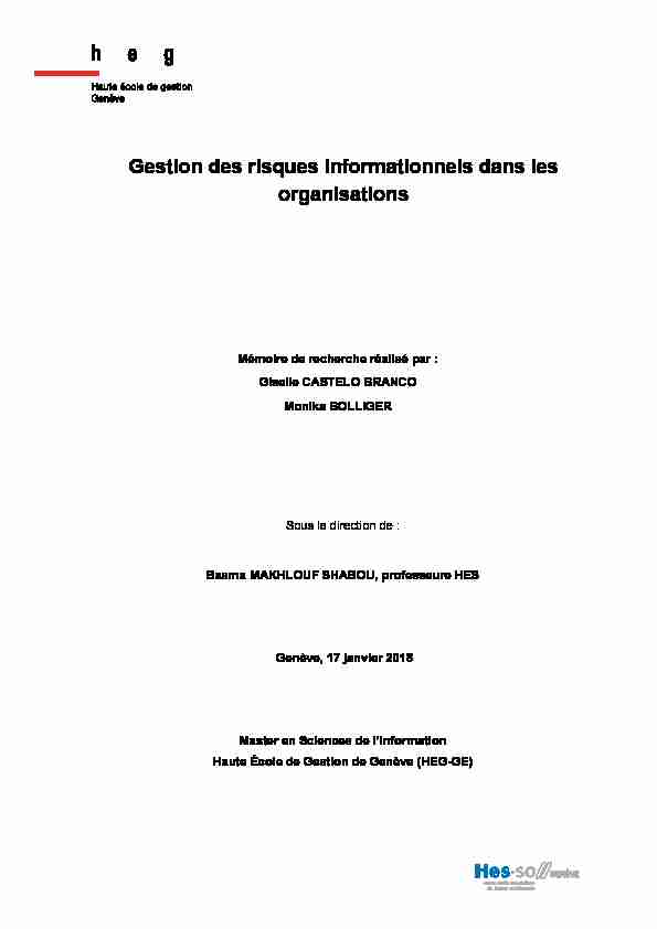 [PDF] Gestion des risques informationnels dans les  - RERO DOC