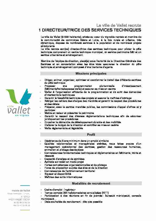 La ville de Vallet recrute 1 DIRECTEUR/TRICE DES SERVICES