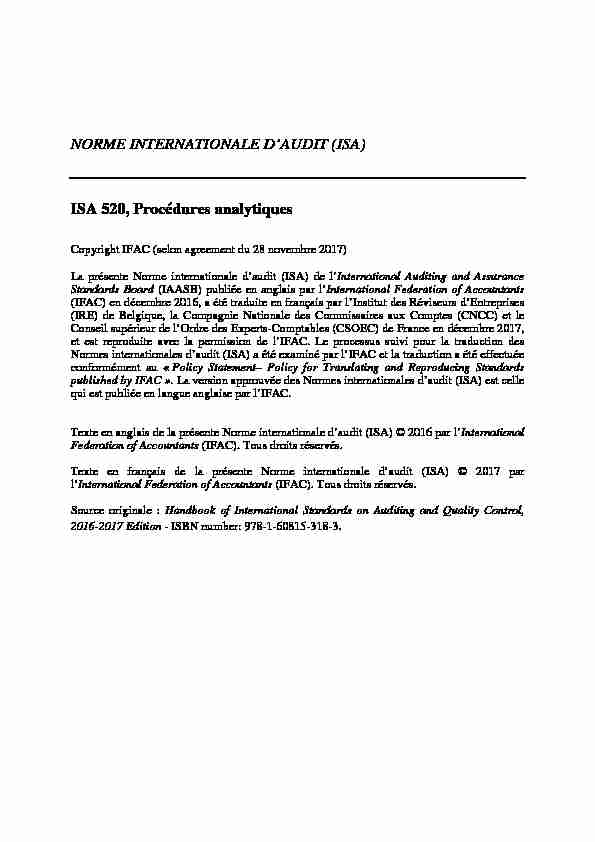 NORME INTERNATIONALE DAUDIT (ISA) ISA 520 Procédures