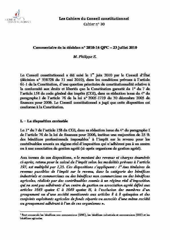 Les Cahiers du Conseil constitutionnel Cahier n° 30
