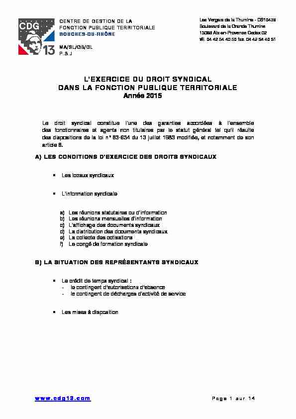 [PDF] Exercice du Droit Syndical 2015 - CDG13