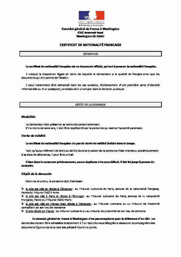 [PDF] DEMANDE DE CERTIFICAT DE NATIONALITÉ FRANÇAISE A
