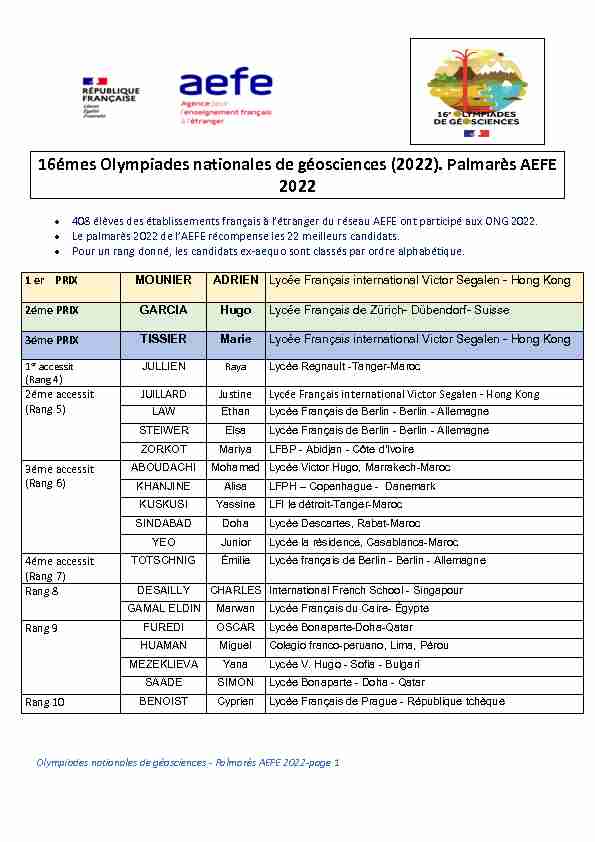 16émes Olympiades nationales de géosciences (2022). Palmarès