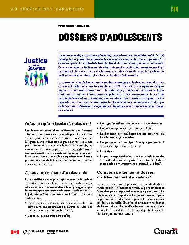 Dossiers dadolescents - Loi sur le système de justice pénale pour