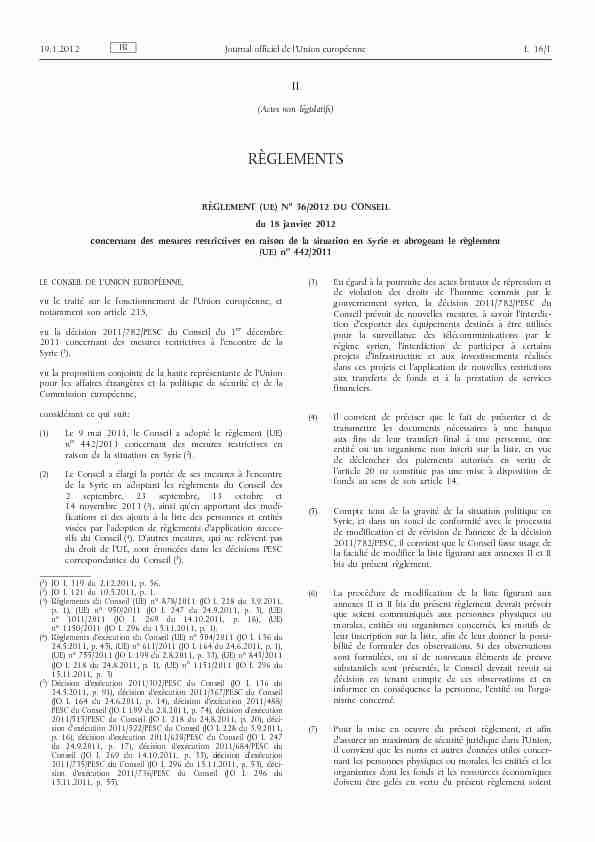 Règlement (UE) no 36/2012 du Conseil du 18 janvier 2012
