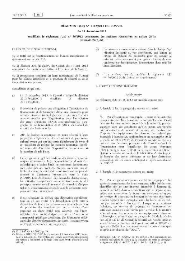 Règlement (UE) no 1332/2013 du Conseil du 13 décembre 2013
