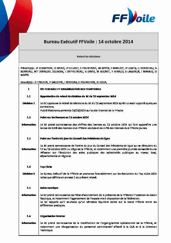 Bureau Exécutif FFVoile : 14 octobre 2014